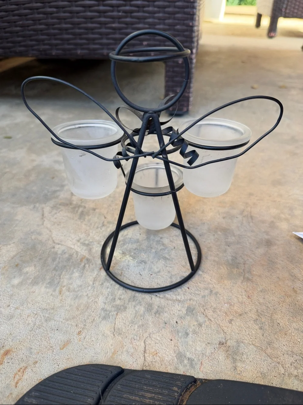 Black Metal Angel Votive Candle Holder with Frosted Glass Cups